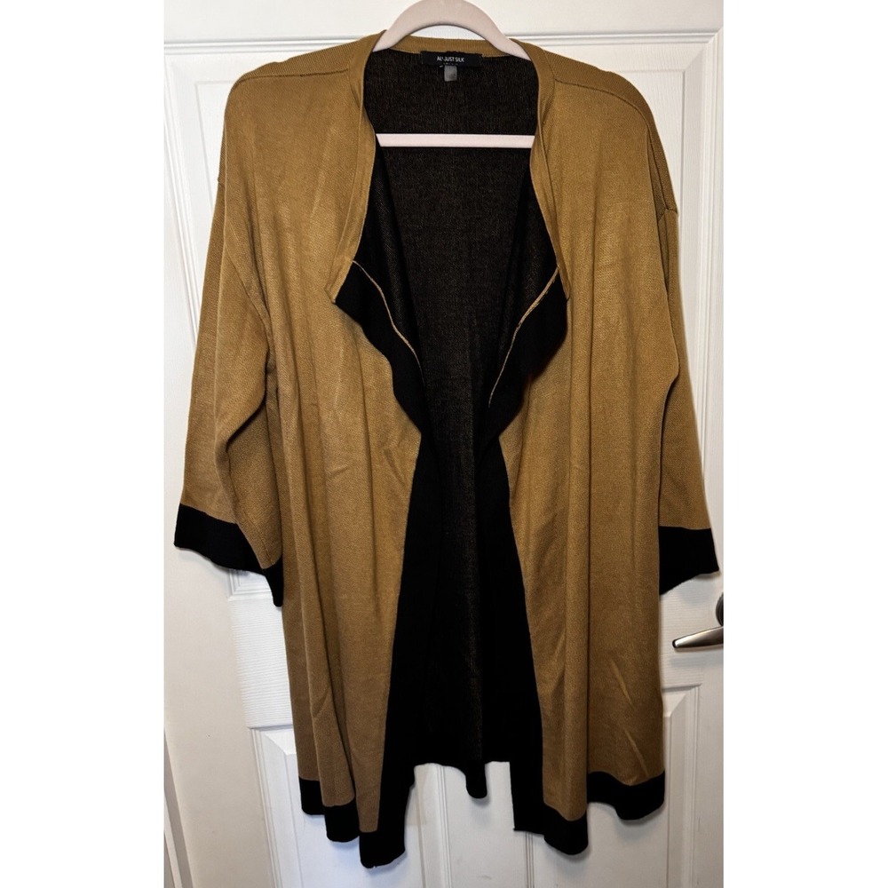 August Silk Women's Open Long Cardigan Round Neck 3/4 Sleeve Soft Gold/Blk